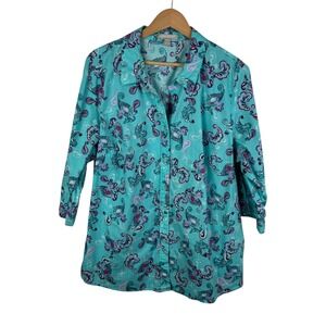 Woman Within Paisley Button Down Shirt Size 22/24 Multicolor 3/4 Sleeve Colorful